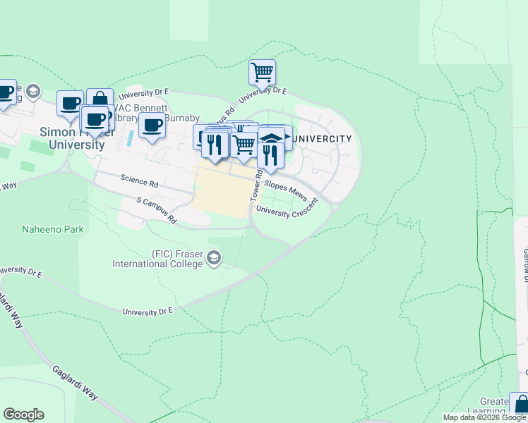 map of restaurants, bars, coffee shops, grocery stores, and more near 9888 University Crescent in Burnaby