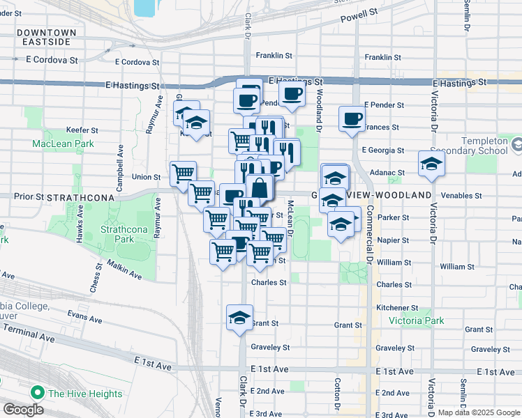 map of restaurants, bars, coffee shops, grocery stores, and more near in Vancouver