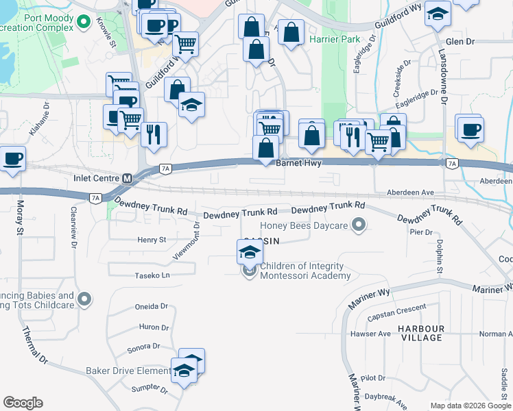 map of restaurants, bars, coffee shops, grocery stores, and more near in Coquitlam