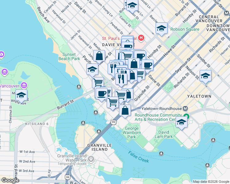 map of restaurants, bars, coffee shops, grocery stores, and more near 888 Pacific Street in Vancouver