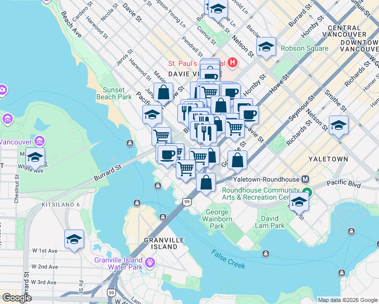 map of restaurants, bars, coffee shops, grocery stores, and more near 888 Pacific Street in Vancouver