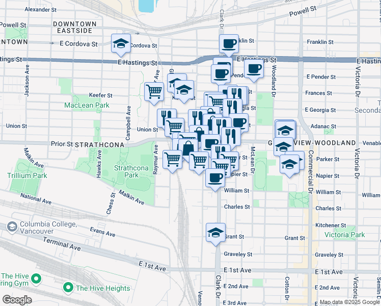 map of restaurants, bars, coffee shops, grocery stores, and more near in Vancouver