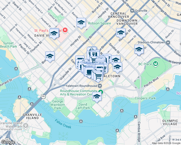 map of restaurants, bars, coffee shops, grocery stores, and more near 1188 Richards Street in Vancouver