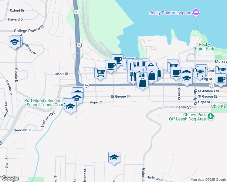 map of restaurants, bars, coffee shops, grocery stores, and more near 2301 Saint Andrews Street in Port Moody
