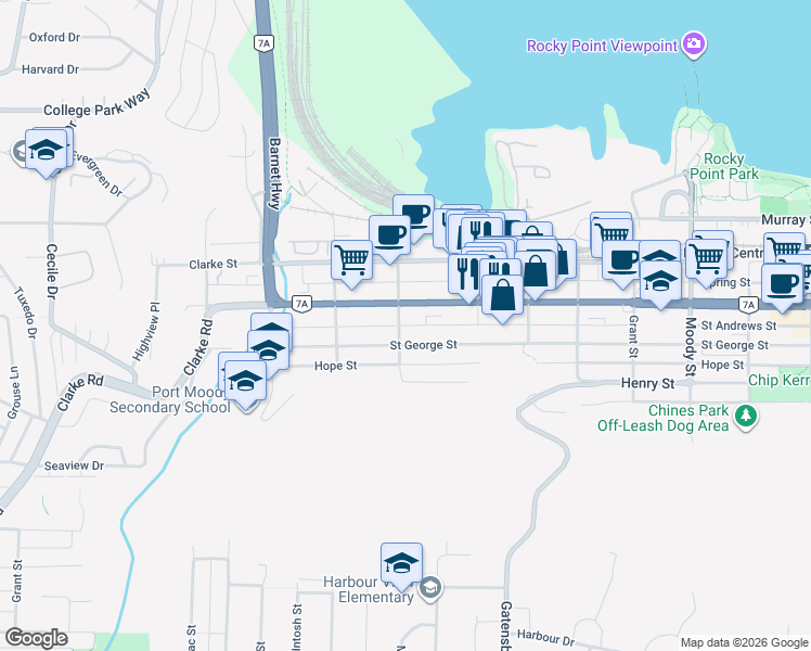 map of restaurants, bars, coffee shops, grocery stores, and more near 2304 Saint Andrews Street in Port Moody