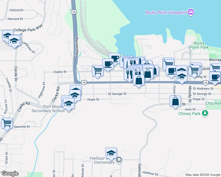 map of restaurants, bars, coffee shops, grocery stores, and more near 2301 Saint Andrews Street in Port Moody