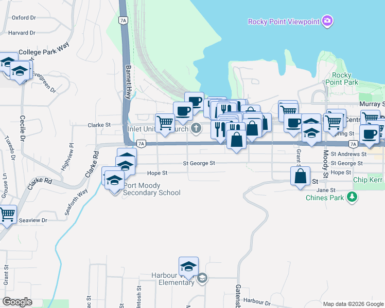 map of restaurants, bars, coffee shops, grocery stores, and more near 2306 Saint Andrews Street in Port Moody