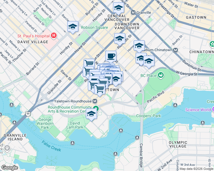 map of restaurants, bars, coffee shops, grocery stores, and more near 1055 Mainland Street in Vancouver