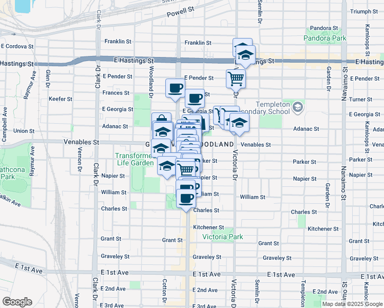 map of restaurants, bars, coffee shops, grocery stores, and more near in Vancouver