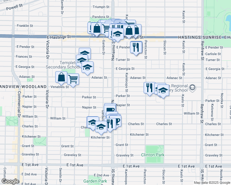 map of restaurants, bars, coffee shops, grocery stores, and more near 950 Nanaimo Street in Vancouver