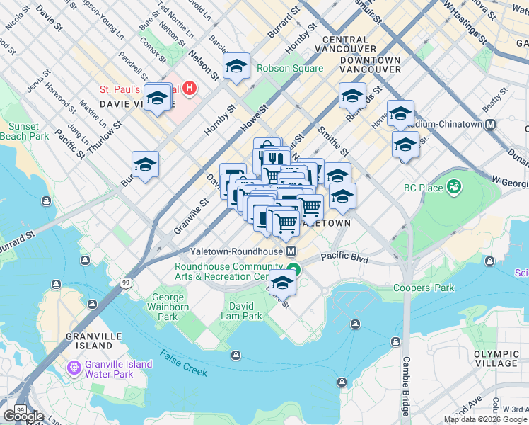 map of restaurants, bars, coffee shops, grocery stores, and more near 1188 Richards Street in Vancouver