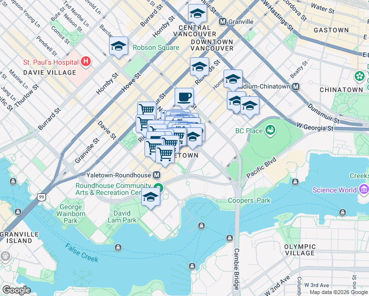 map of restaurants, bars, coffee shops, grocery stores, and more near 1020 Mainland Street in Vancouver