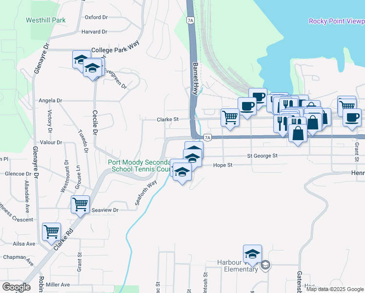 map of restaurants, bars, coffee shops, grocery stores, and more near 2015 Saint Johns Street in Port Moody