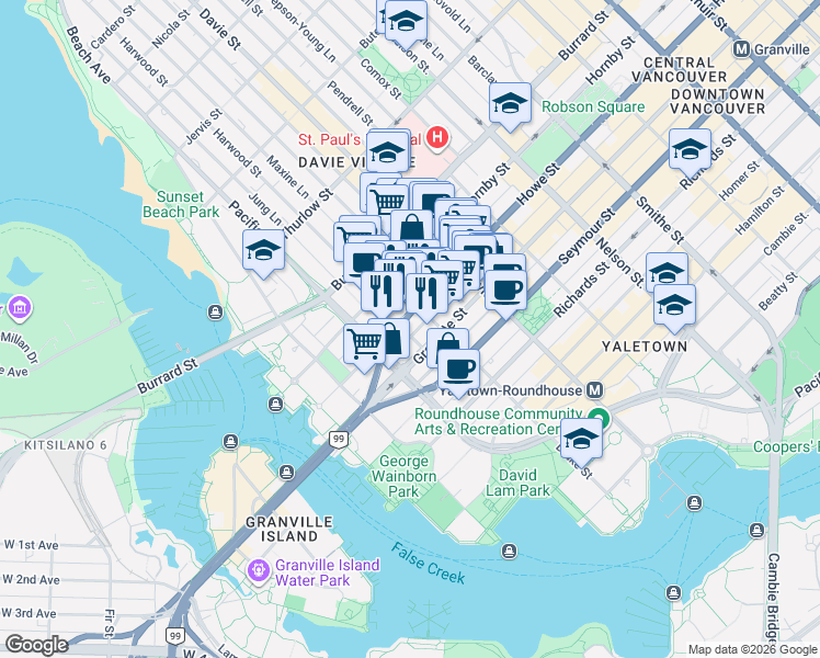 map of restaurants, bars, coffee shops, grocery stores, and more near 1351 Continental Street in Vancouver