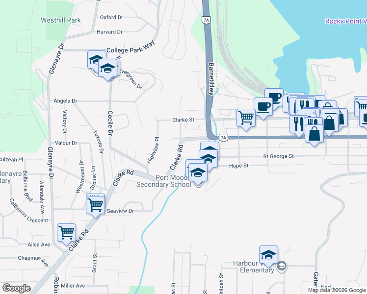 map of restaurants, bars, coffee shops, grocery stores, and more near 1100 Clarke Road in Port Moody