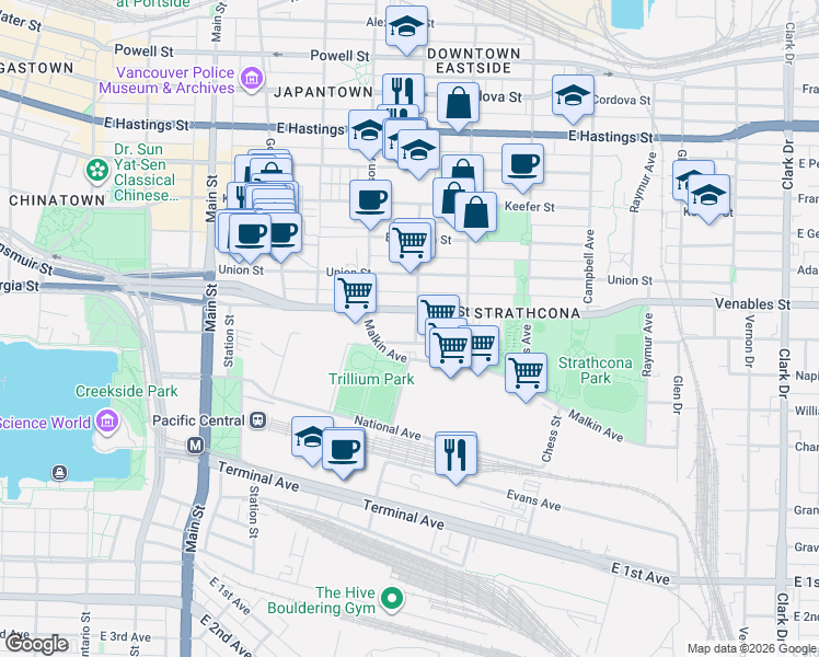 map of restaurants, bars, coffee shops, grocery stores, and more near 927 Princess Avenue in Vancouver