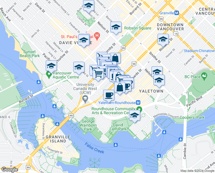 map of restaurants, bars, coffee shops, grocery stores, and more near 1255 Seymour Street in Vancouver
