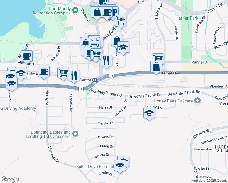 map of restaurants, bars, coffee shops, grocery stores, and more near 3370 Dewdney Trunk Road in Port Moody