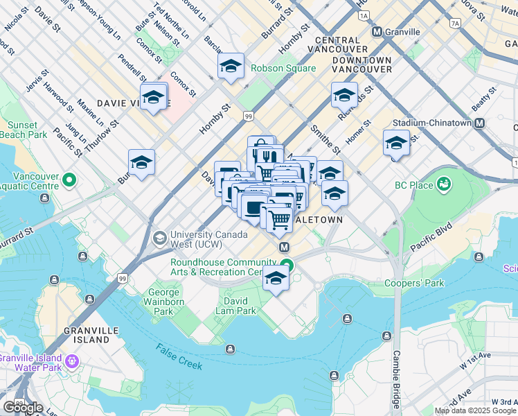 map of restaurants, bars, coffee shops, grocery stores, and more near 1188 Richards Street in Vancouver
