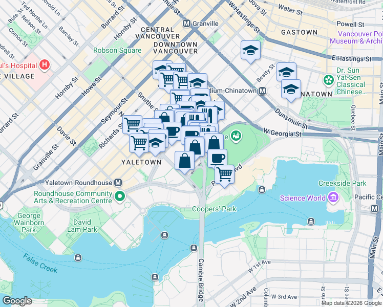 map of restaurants, bars, coffee shops, grocery stores, and more near 928 Beatty Street in Vancouver