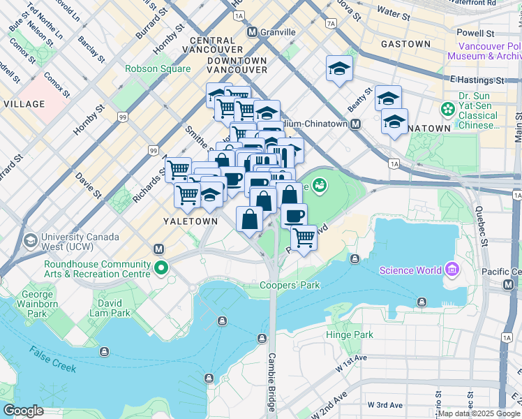 map of restaurants, bars, coffee shops, grocery stores, and more near 928 Beatty Street in Vancouver