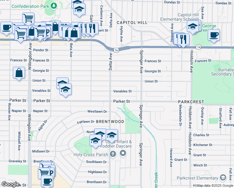 map of restaurants, bars, coffee shops, grocery stores, and more near 4930 Venables Street in Burnaby