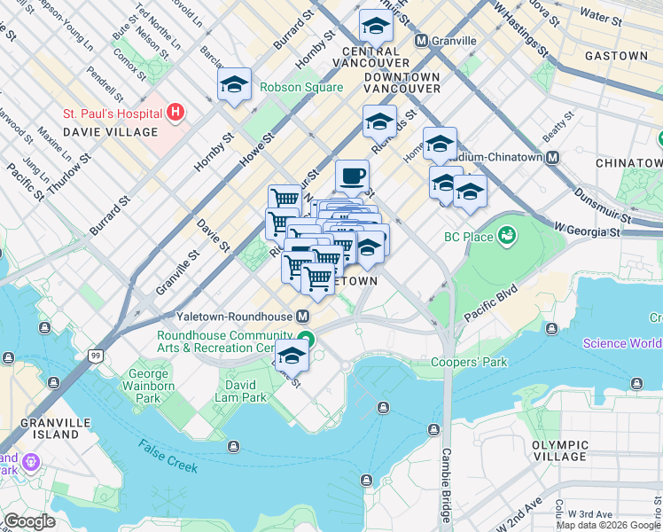 map of restaurants, bars, coffee shops, grocery stores, and more near 1072 Hamilton Street in Vancouver