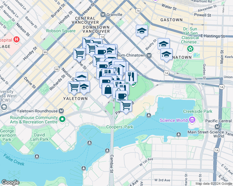 map of restaurants, bars, coffee shops, grocery stores, and more near 810 Expo Boulevard in Vancouver