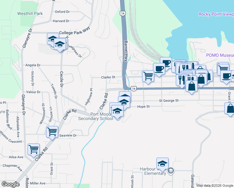 map of restaurants, bars, coffee shops, grocery stores, and more near 2015 Saint Johns Street in Port Moody