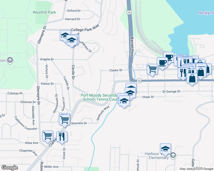 map of restaurants, bars, coffee shops, grocery stores, and more near 1956 Highview Place in Port Moody