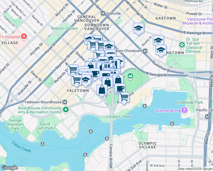 map of restaurants, bars, coffee shops, grocery stores, and more near in Vancouver