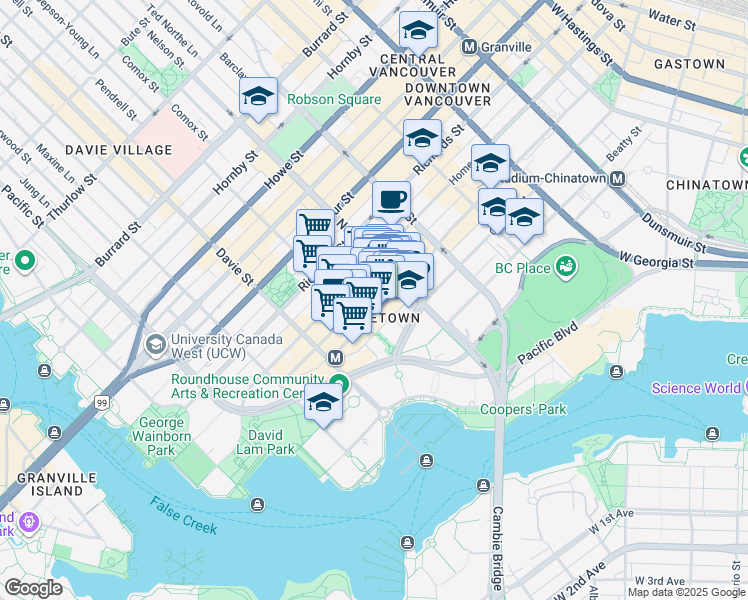 map of restaurants, bars, coffee shops, grocery stores, and more near in Vancouver