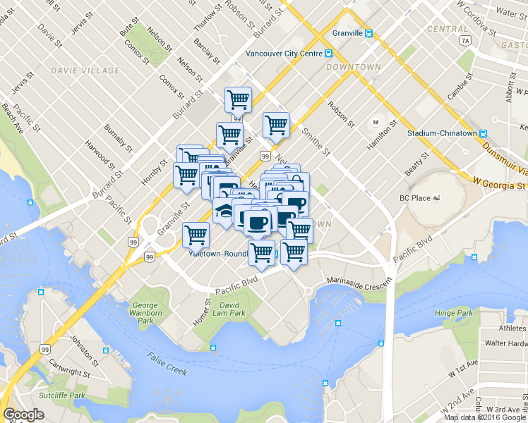 map of restaurants, bars, coffee shops, grocery stores, and more near in Vancouver