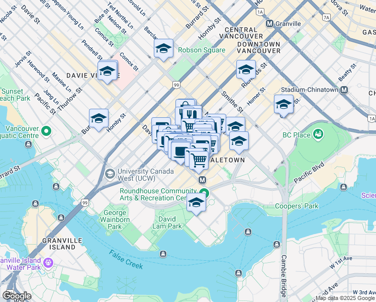 map of restaurants, bars, coffee shops, grocery stores, and more near in Vancouver