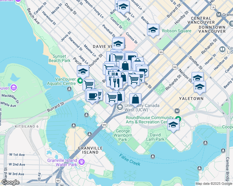 map of restaurants, bars, coffee shops, grocery stores, and more near in Vancouver