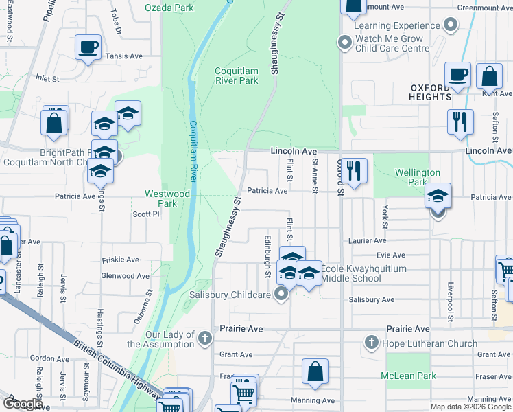 map of restaurants, bars, coffee shops, grocery stores, and more near 2159 Centennial Avenue in Port Coquitlam