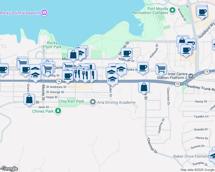 map of restaurants, bars, coffee shops, grocery stores, and more near 111 Buller Street in Port Moody