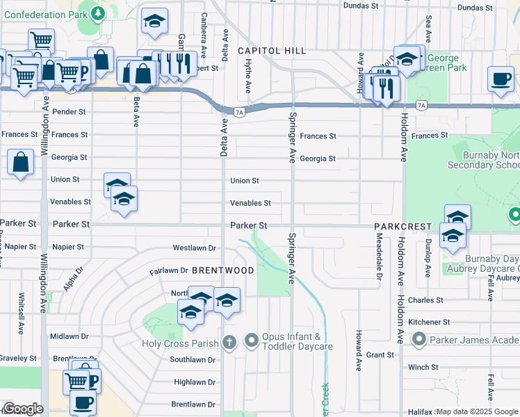 map of restaurants, bars, coffee shops, grocery stores, and more near 5060 Venables Street in Burnaby
