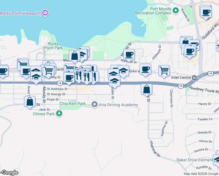 map of restaurants, bars, coffee shops, grocery stores, and more near 111 Buller Street in Port Moody