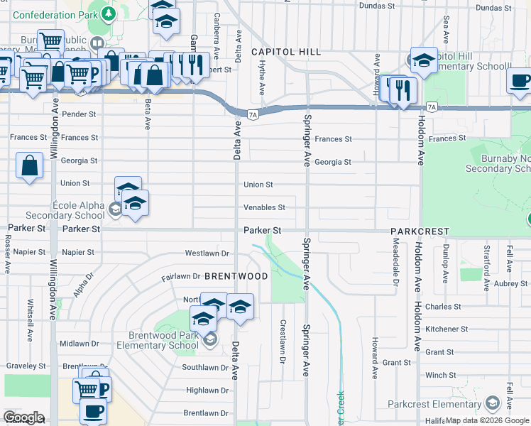 map of restaurants, bars, coffee shops, grocery stores, and more near 5020 Venables Street in Burnaby