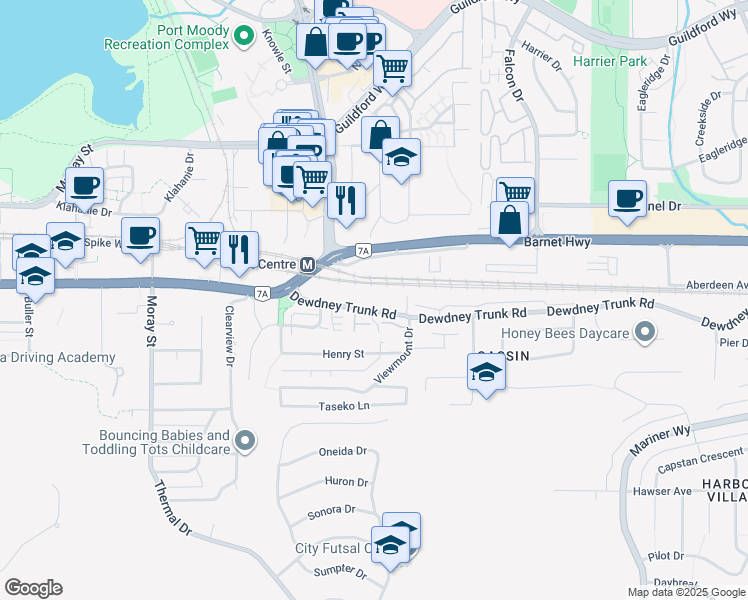 map of restaurants, bars, coffee shops, grocery stores, and more near 3370 Dewdney Trunk Road in Port Moody