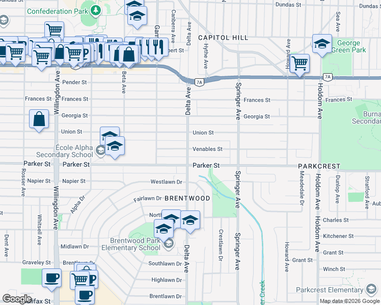 map of restaurants, bars, coffee shops, grocery stores, and more near 4902 Venables Street in Burnaby