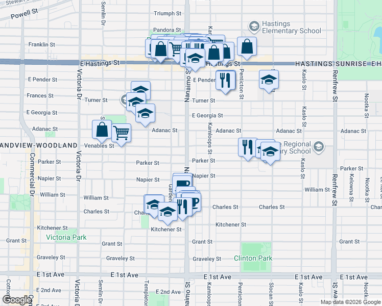 map of restaurants, bars, coffee shops, grocery stores, and more near 942 Nanaimo Street in Vancouver
