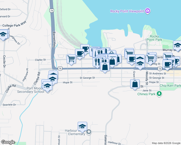 map of restaurants, bars, coffee shops, grocery stores, and more near 2316 Saint Andrews Street in Port Moody