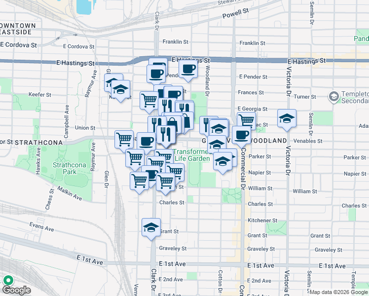 map of restaurants, bars, coffee shops, grocery stores, and more near 933 McLean Drive in Vancouver