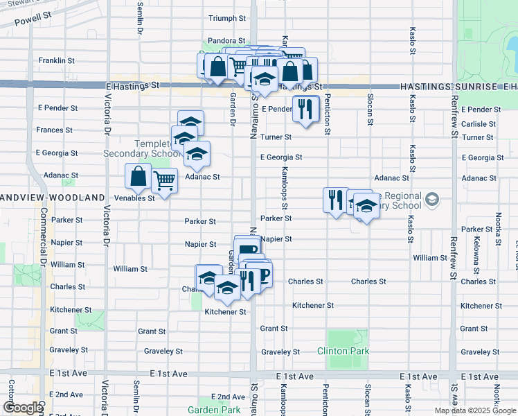 map of restaurants, bars, coffee shops, grocery stores, and more near 942 Nanaimo Street in Vancouver