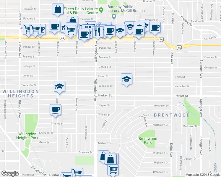 map of restaurants, bars, coffee shops, grocery stores, and more near 4564 Venables Street in Burnaby