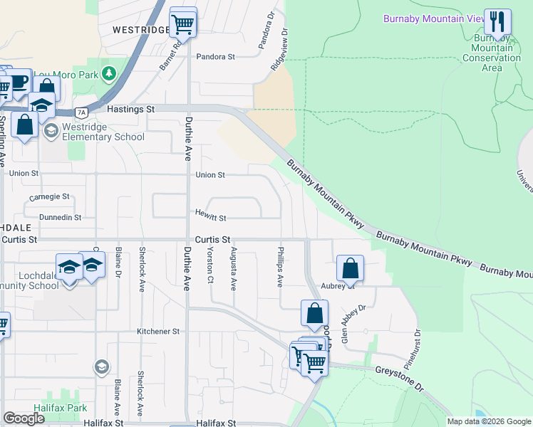 map of restaurants, bars, coffee shops, grocery stores, and more near 7347 Queenston Court in Burnaby
