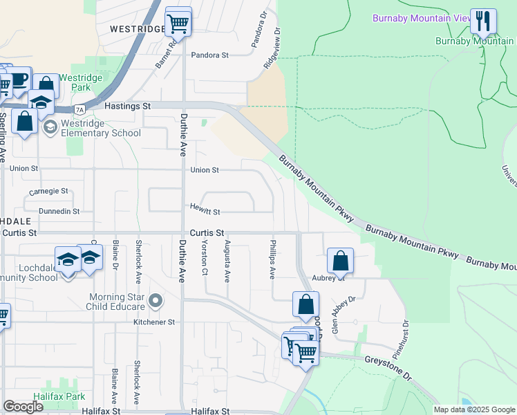map of restaurants, bars, coffee shops, grocery stores, and more near 7347 Queenston Court in Burnaby