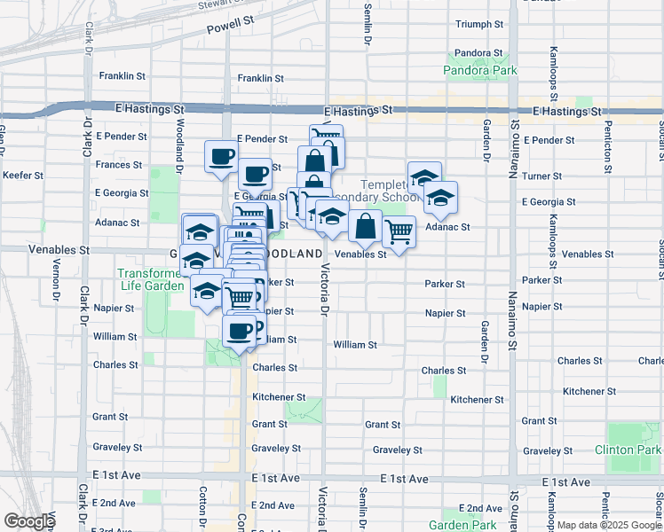 map of restaurants, bars, coffee shops, grocery stores, and more near 918 Victoria Drive in Vancouver
